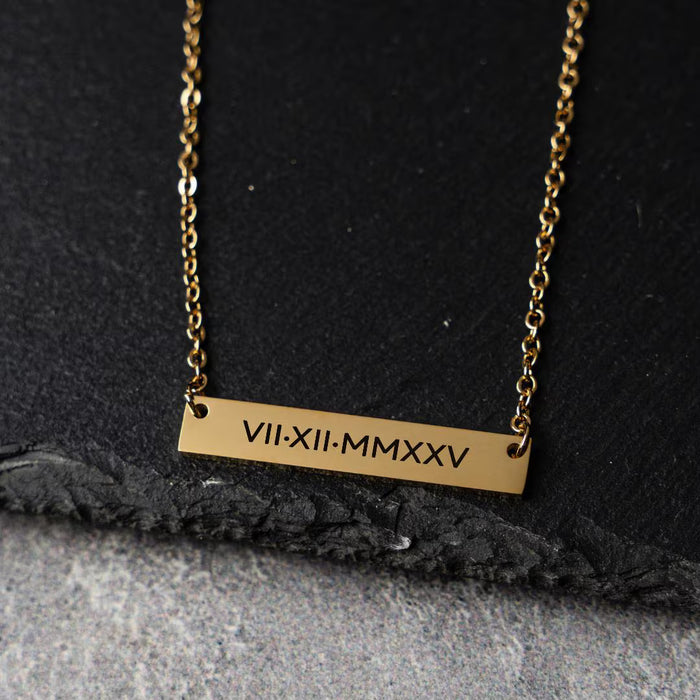 Personalized Roman Numeral Necklace Custom Wedding Date Necklace Gold Bar Necklace Engraved Bar Necklace Anniversary Gift for Women or Bride