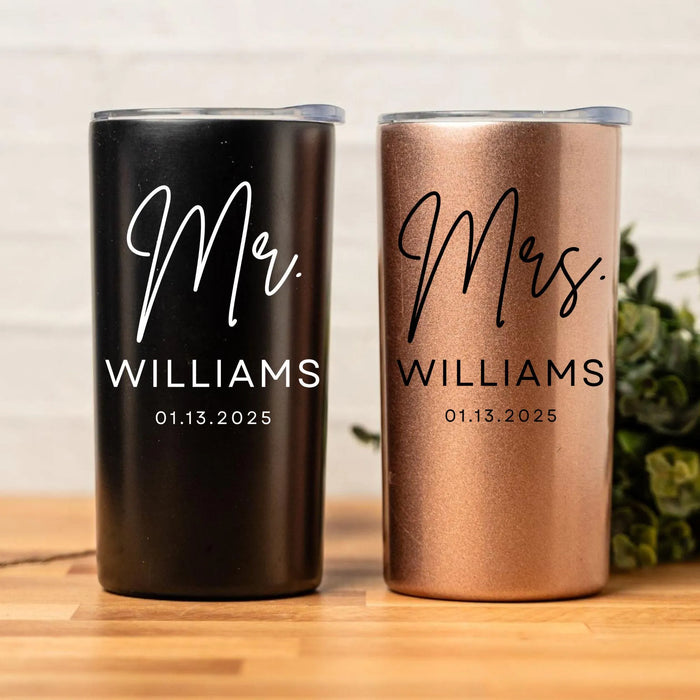 Personalized Mr and Mrs Skinny Mini Tumbler Custom Cup with Lid Bride and Groom Gift Bridal Shower Favor Wedding Party Gift Anniversary Gift