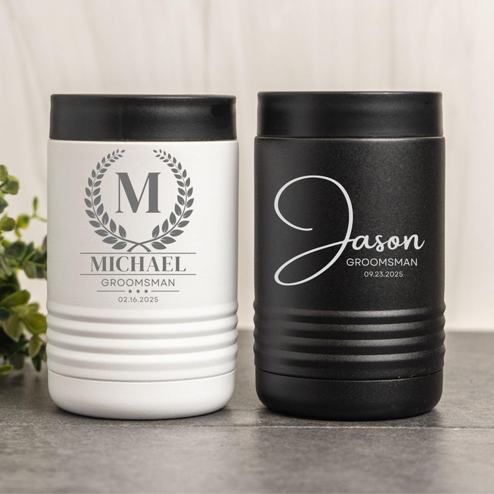 Personalized Groomsman Can Cooler: Custom Etched Insulated Beverage Holder