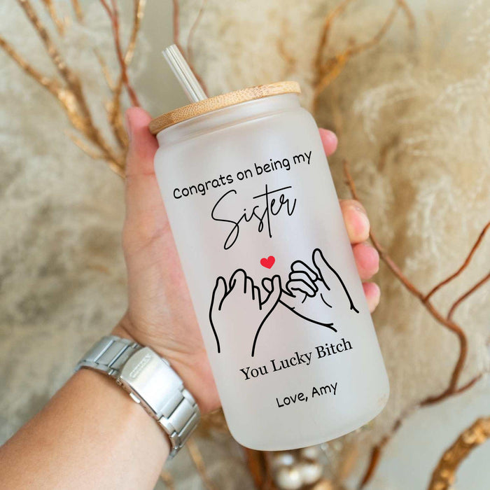 Personalized Sister Glass Tumbler: 16oz Iced Coffee Cup with Bamboo Lid